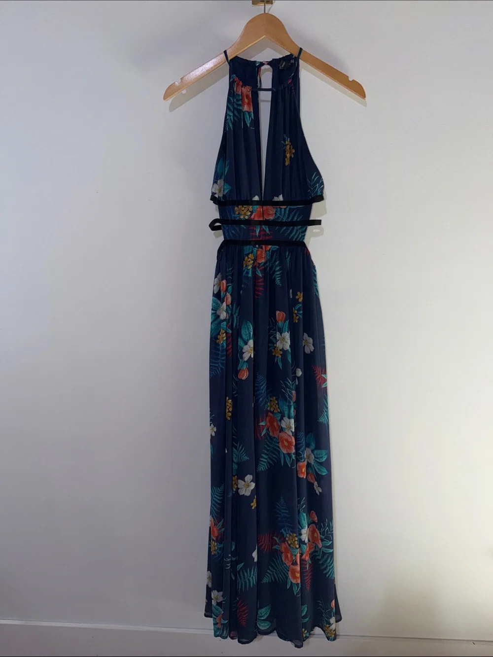 Express Navy Floral Halter Maxi Dress size xsmall with cutouts size xsmall